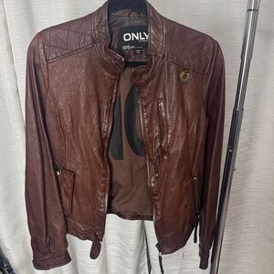 ONLY Rich Brown Leather Jacket Distressed look, great quality